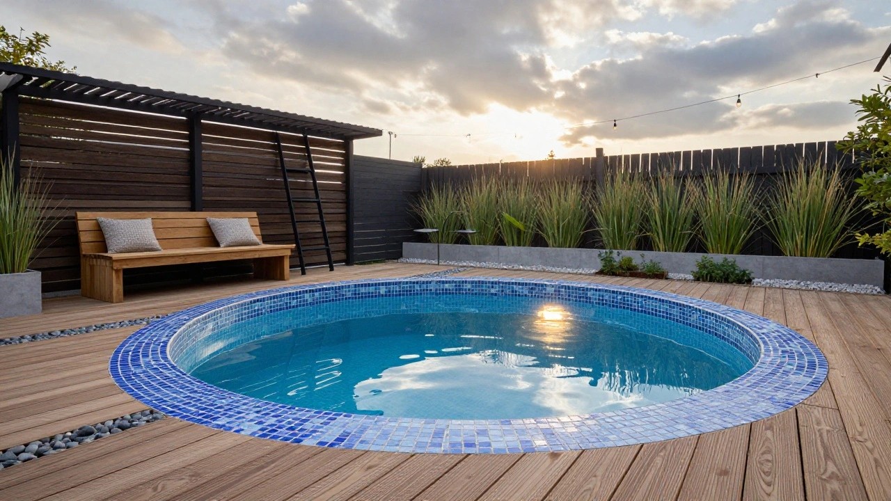 Blue mosaic-tiled above-ground pool edged with curved wooden decking, adjacent to a wooden bench on a paved patio surrounded by wooden fences and potted grasses in a backyard.