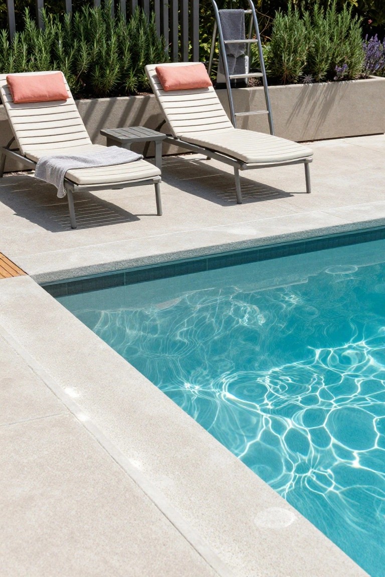 Two beige adjustable loungers with orange pillows and white towels next to the edge of a turquoise above-ground pool, with plants, a ladder, and a metal fence in the background.