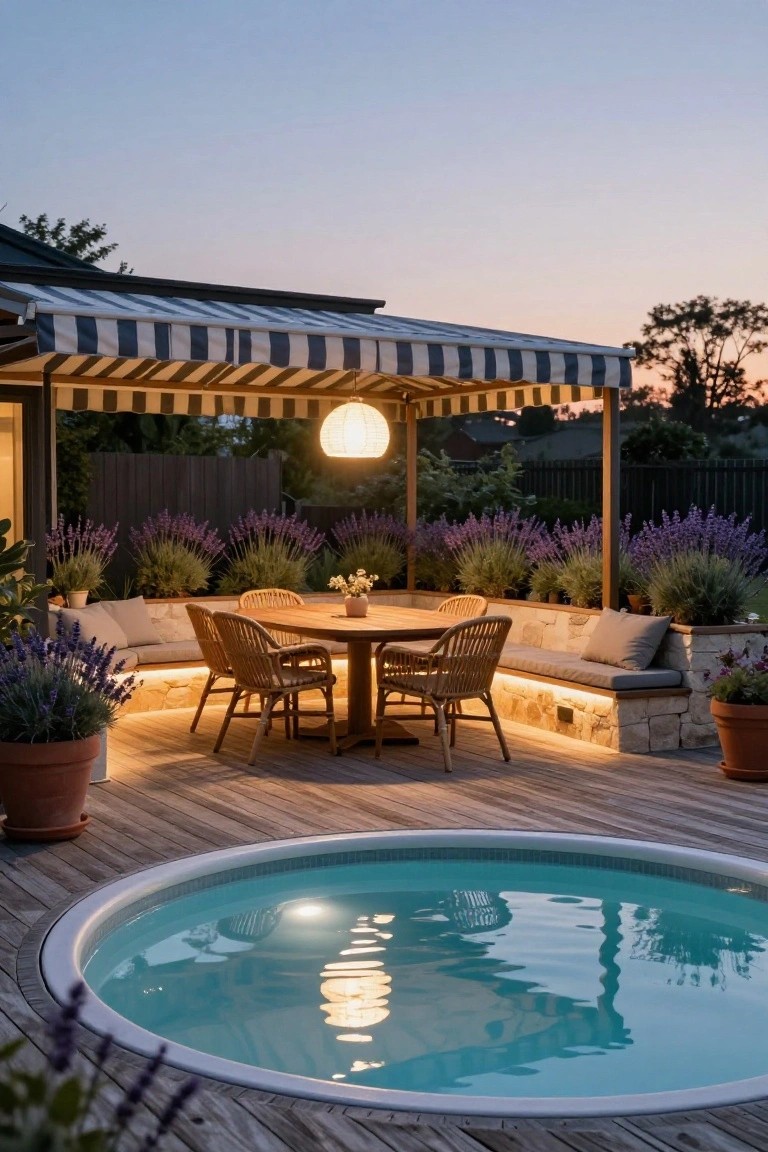 Wooden deck in a backyard with a round above-ground pool embedded flush into the flooring, an outdoor dining table with rattan chairs under a striped awning, lavender plants in stone beds, and soft lighting at dusk.