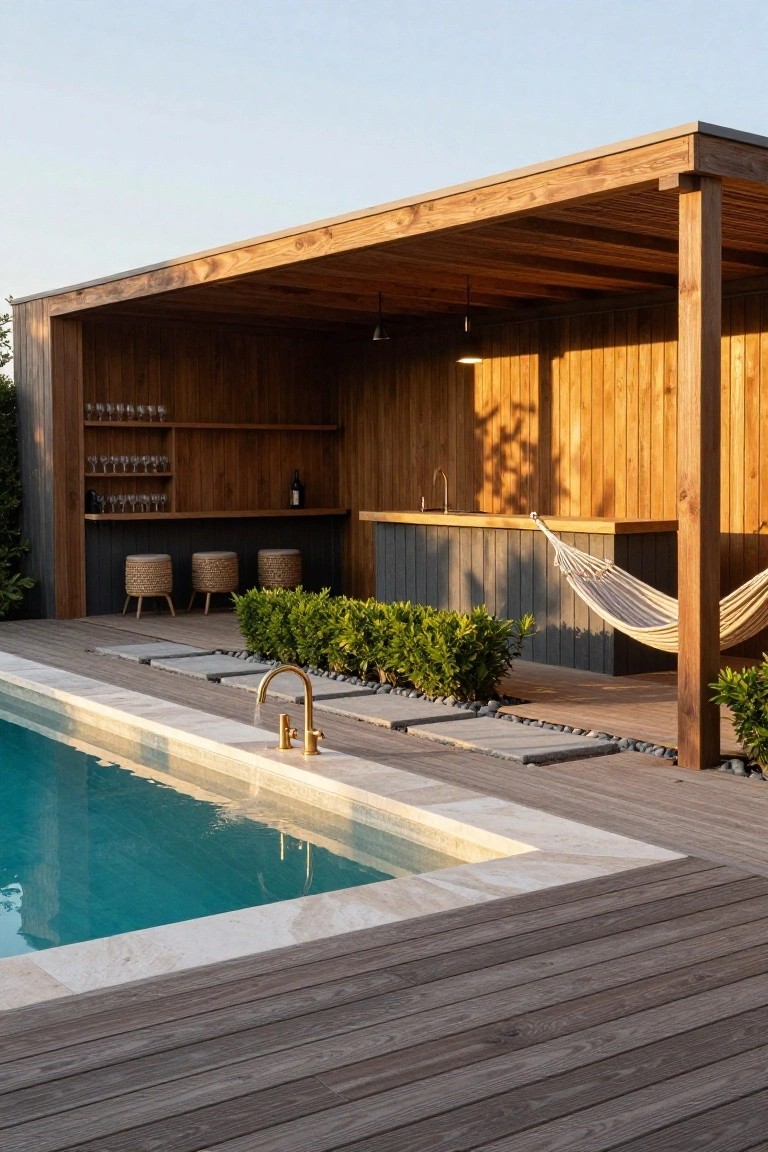 Wooden pergola sheltering an outdoor bar with rattan stools, glassware shelves, and a hammock beside a turquoise above-ground pool on a deck with greenery.