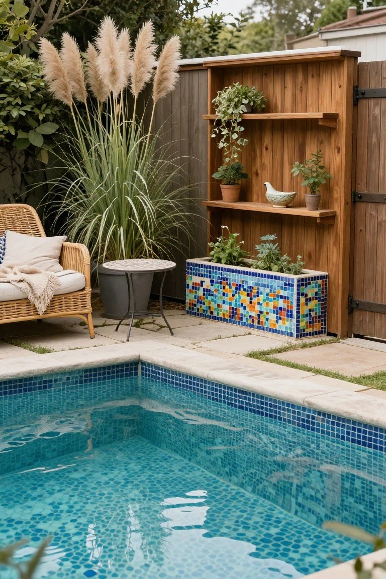 Corner view of a blue-tiled above-ground pool next to a stone paver patio with rattan lounge chair, metal side table, mosaic-tiled planter box with herbs, wooden fence shelving holding potted plants and ceramics, and tall clusters of pampas grass.