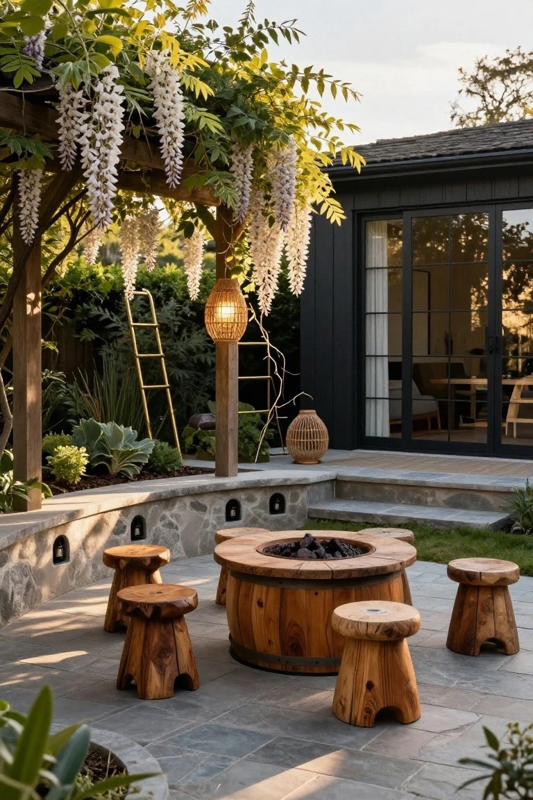 Outdoor seating area featuring a central round wooden barrel fire pit with burning logs, surrounded by six wooden stump stools on a slate patio, adjacent to a curved stone wall, plants, a wisteria-covered pergola, and black sliding glass doors on a house.