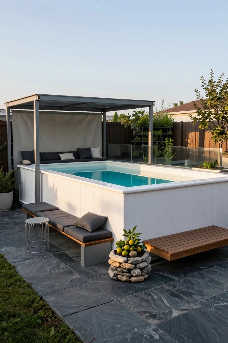 Above-ground pool with white paneled walls and turquoise water, gray cushions on the edge for seating, metal pergola with gray curtains overhead, wooden bench and metal table on dark stone pavers surrounded by potted plants and grasses in a backyard.