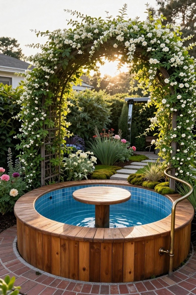 Circular above-ground wooden hot tub with blue tiled interior and central wooden table, framed by arched trellis covered in white flowers, surrounded by garden plants, paths, and brick edging.