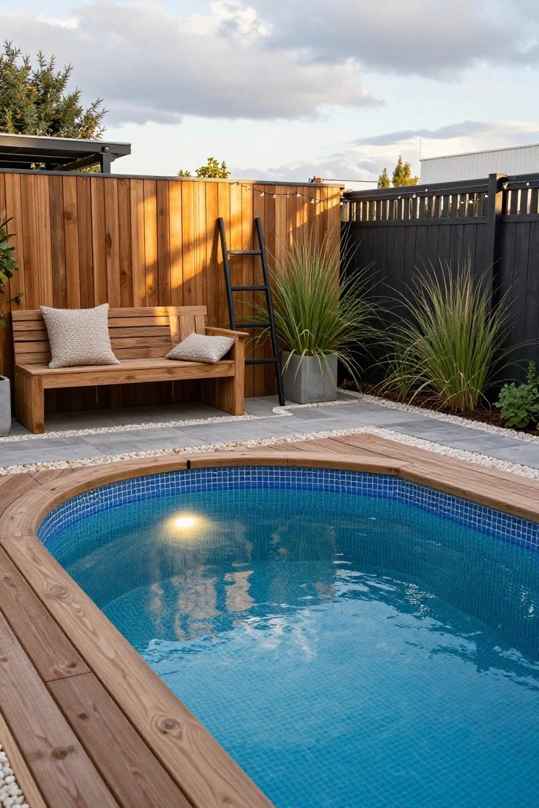Blue mosaic-tiled above-ground pool edged with curved wooden decking, adjacent to a wooden bench on a paved patio surrounded by wooden fences and potted grasses in a backyard.