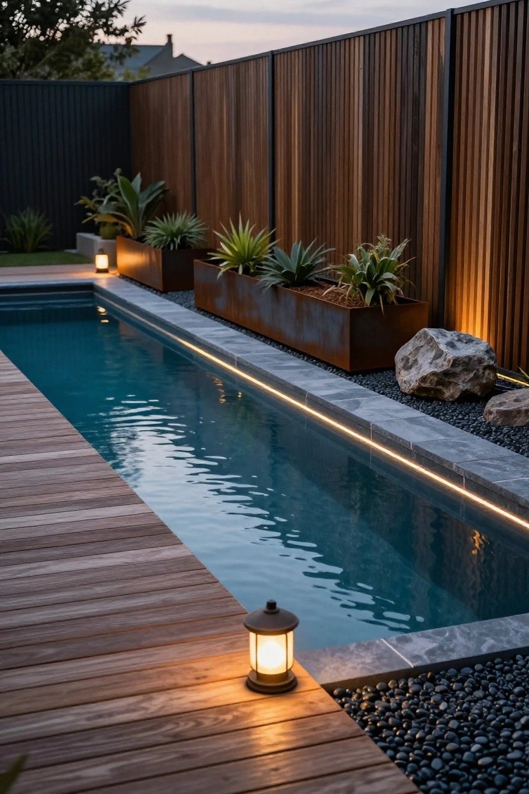 A narrow above-ground pool with turquoise water and underwater edge lighting, flanked by a wooden deck on one side, corten steel planters with agave plants, black pebbles, and timber slat fencing in a backyard at dusk.