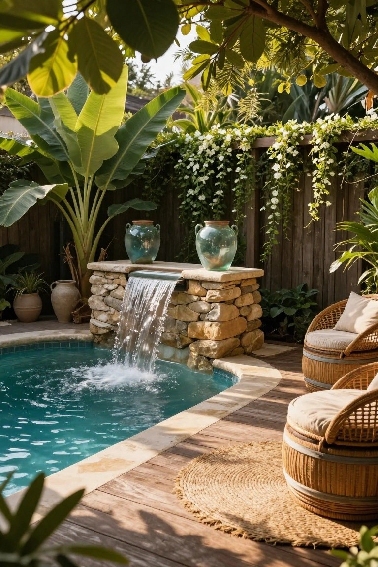 Small turquoise above-ground pool with water cascading from a stacked stone wall and blue glass pots into the pool, surrounded by tropical plants, terracotta pots, and rattan chairs on a wooden deck with a seagrass rug.