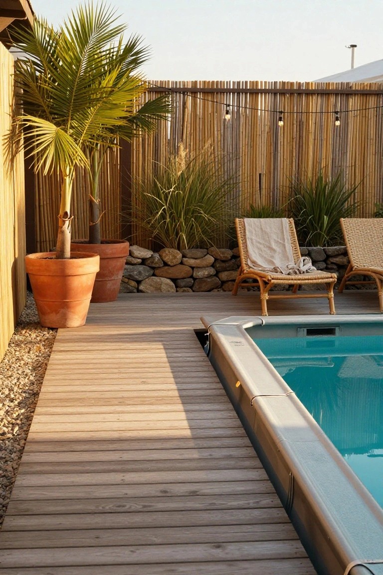 Wooden deck beside an above-ground pool with turquoise water, two rattan loungers with towels draped over them, large terracotta pots holding palm trees, bamboo fencing strung with bulb lights, and rock borders along the edge.