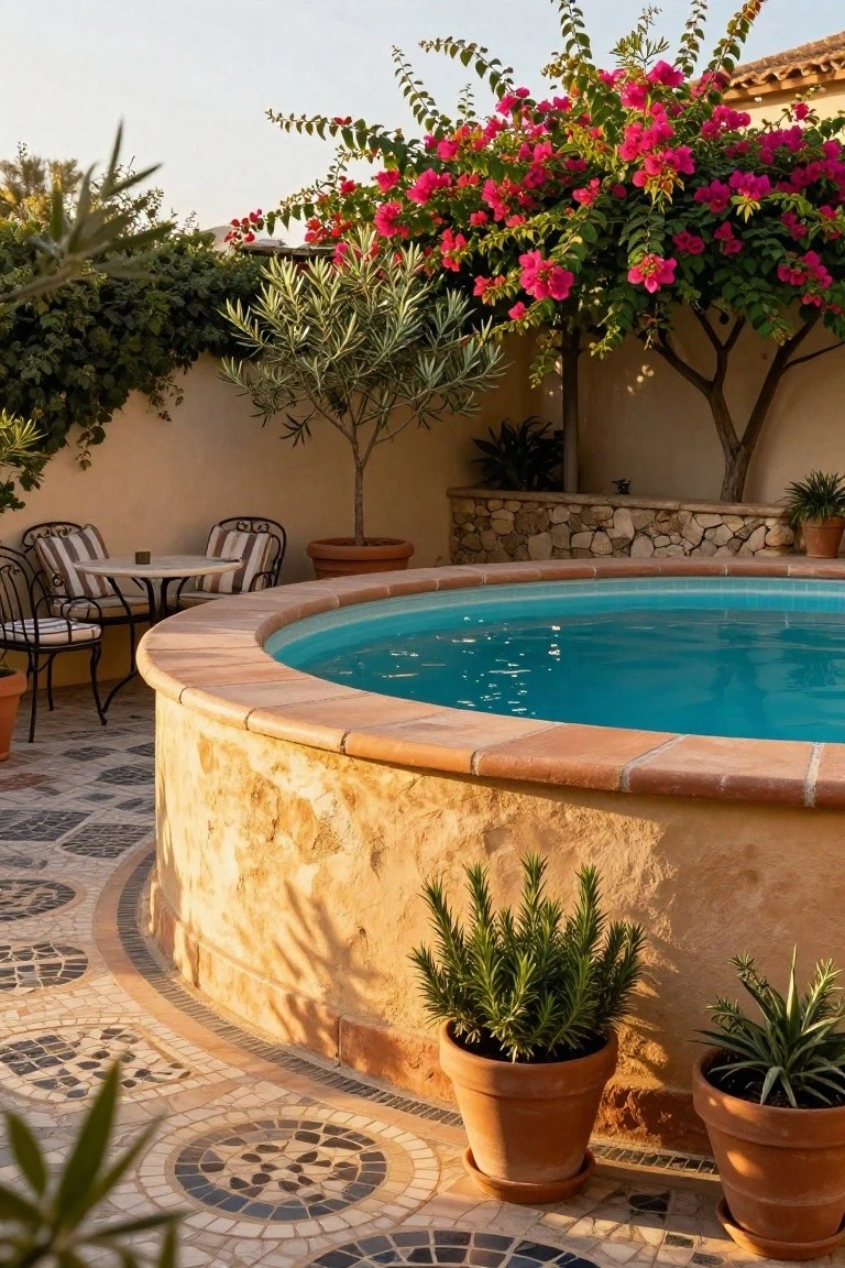Round above-ground pool with turquoise water and beige terracotta tiled rim on curved mosaic patio, wicker armchairs and round table nearby, potted plants including agave and bougainvillea, olive trees, against beige stucco wall.