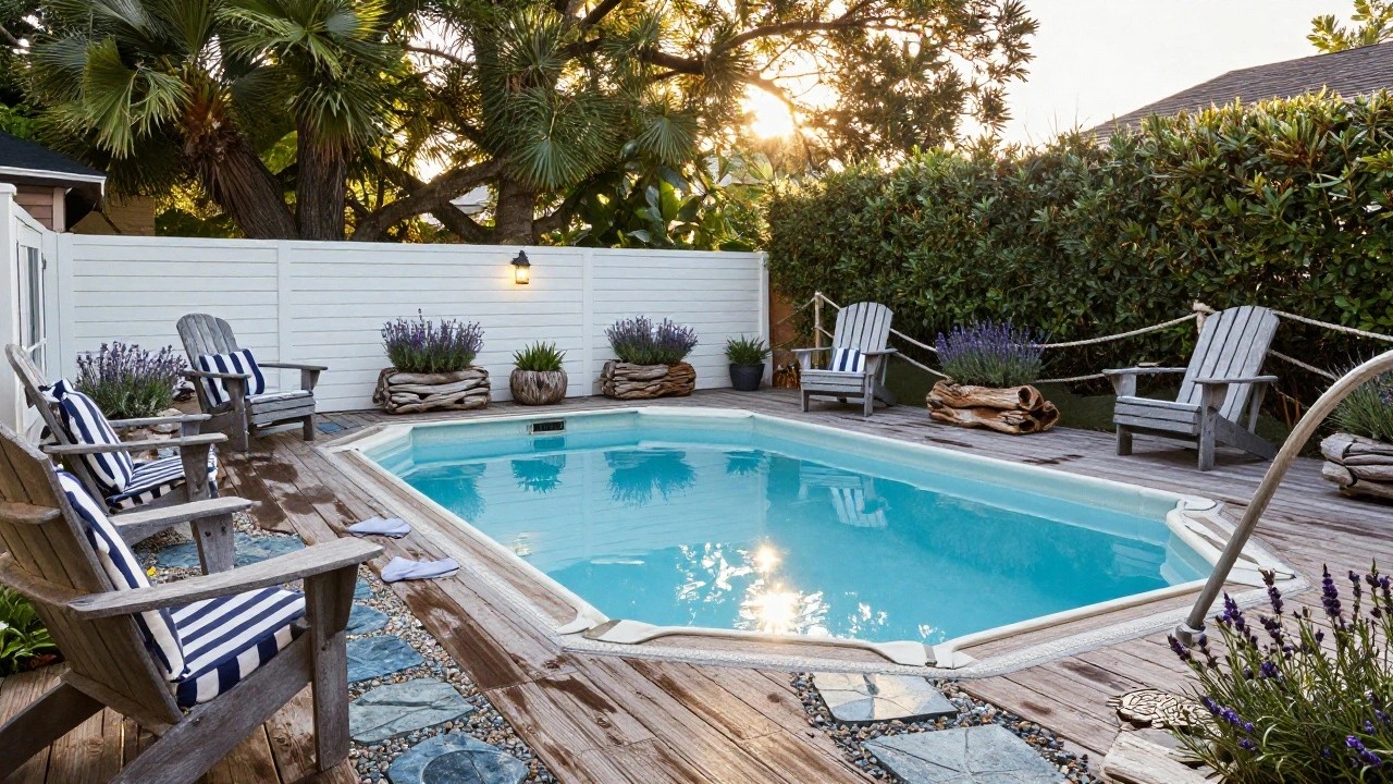 Above-ground pool with turquoise water surrounded by wooden deck, two Adirondack chairs with cushions, lavender in driftwood-wrapped pots, white fence, and nearby trees.