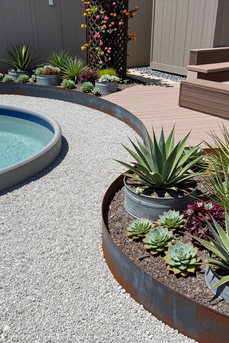 Above-ground pool with curved rusted steel edging along a gravel path, surrounded by succulents and agaves planted in galvanized metal buckets and troughs, wooden deck steps nearby.