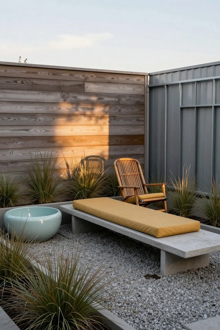 Gravel-paved courtyard enclosed by wooden slat fence and corrugated metal fence, with concrete bench topped by yellow cushion, wicker rocking chair with yellow cushion, tall grasses, and large turquoise ceramic bowl.