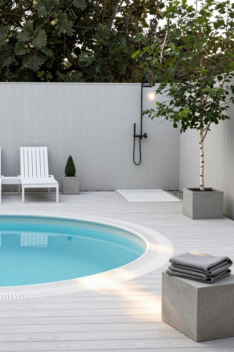 Round turquoise above-ground pool edged with light wood decking on a light gray patio, white lounge chairs nearby, black outdoor shower on a gray plank wall, concrete planters with small trees and a potted shrub, gray towels stacked on a concrete cube.