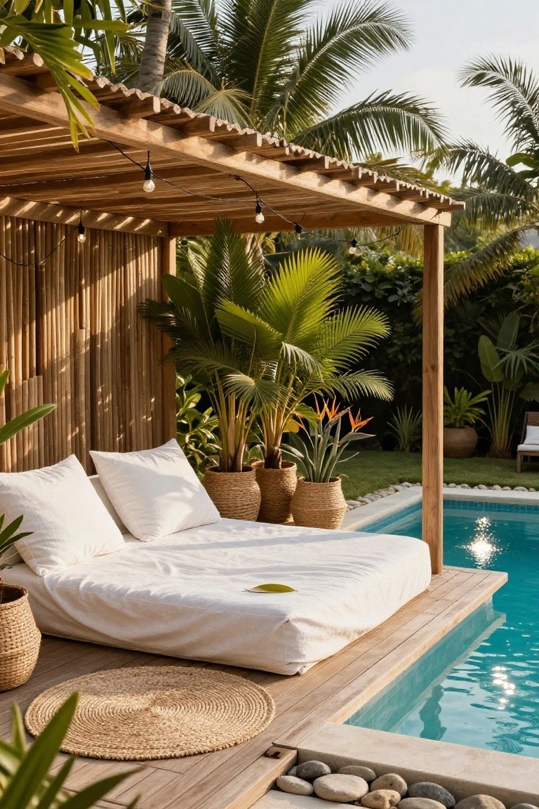 Wooden deck platform with white daybed adjacent to turquoise pool edge, under bamboo pergola with string lights and surrounded by potted tropical plants.