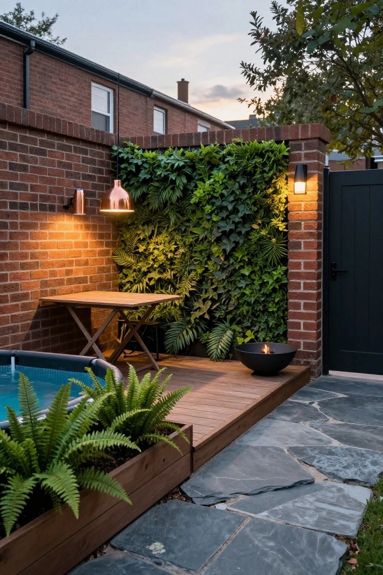 Above-ground turquoise pool next to a wooden deck with a black fire bowl, wooden planter box filled with ferns, small wooden folding table against a brick wall covered in green ivy plants, copper and black wall lights, stone paver path, and dark wooden gate.