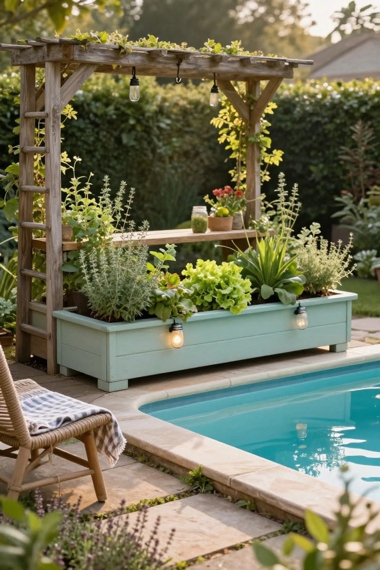 Light green wooden raised planter box filled with green leafy plants, herbs, and succulents positioned along the curved edge of a turquoise above-ground pool, with a wooden ladder-style arbor covered in vines and string lights nearby, and a wicker lounge chair on the stone deck.