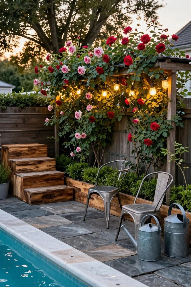 Above-ground swimming pool edged in white tile next to a stone paver patio with two metal chairs, two metal watering cans, wooden planter steps with greenery, and a wooden pergola against a fence covered in pink and red climbing roses with warm string lights.