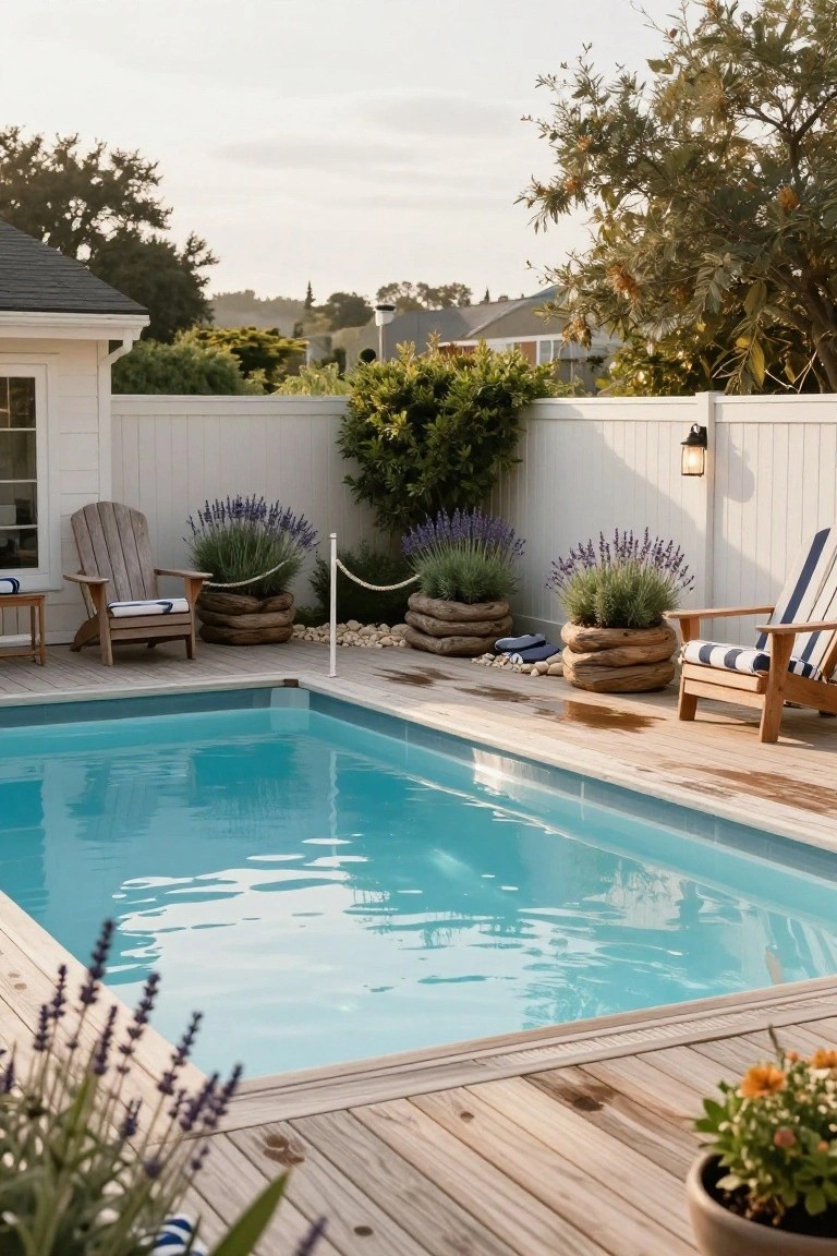 Above-ground pool with turquoise water surrounded by wooden deck, two Adirondack chairs with cushions, lavender in driftwood-wrapped pots, white fence, and nearby trees.