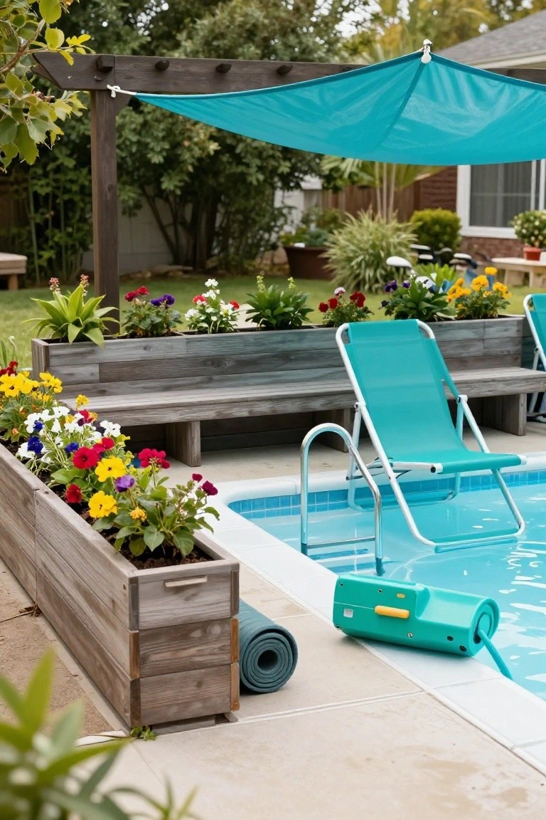 Above-ground pool edged with wooden planters filled with colorful flowers, teal lounge chair nearby, wooden bench, yoga mat on deck, green pool vacuum in water, and teal shade sail overhead.