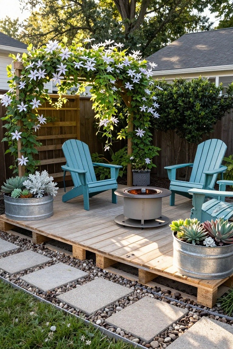 Raised wooden pallet deck with turquoise Adirondack chairs around a cylindrical metal fire pit, potted succulents in galvanized buckets, climbing white flowers on a wooden arbor against a fence, and a stone paver path edged with gravel leading to the deck.