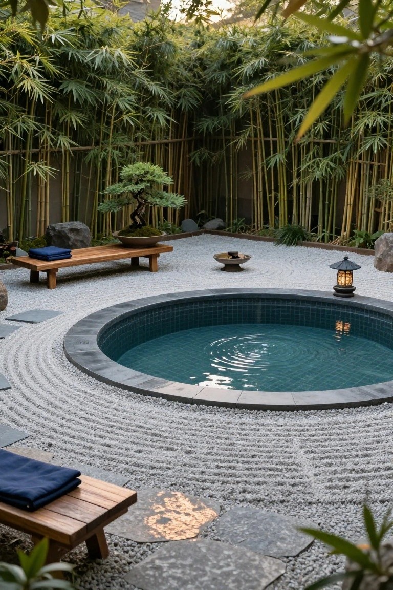 Circular tiled pool surrounded by raked white gravel in a zen garden with bamboo fence, bonsai tree on a bench, rocks, lantern, and towels nearby.