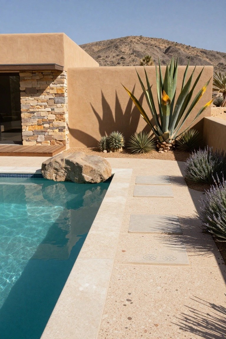 Close view of a turquoise infinity-edge pool with a large rugged boulder at the edge, travertine pool deck and pavers, agave plants, lavender bushes, and beige adobe house wall with stone accents in a desert setting with mountains.