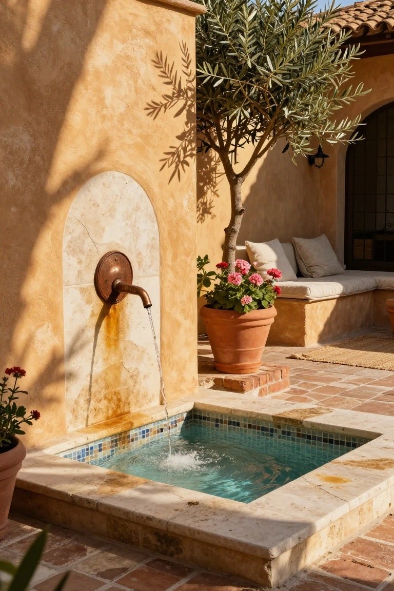 Small square pool basin with turquoise mosaic tiles and water flowing from a brass wall-mounted spout in a stucco-walled outdoor patio, with an olive tree, potted geraniums, and cushioned bench nearby.