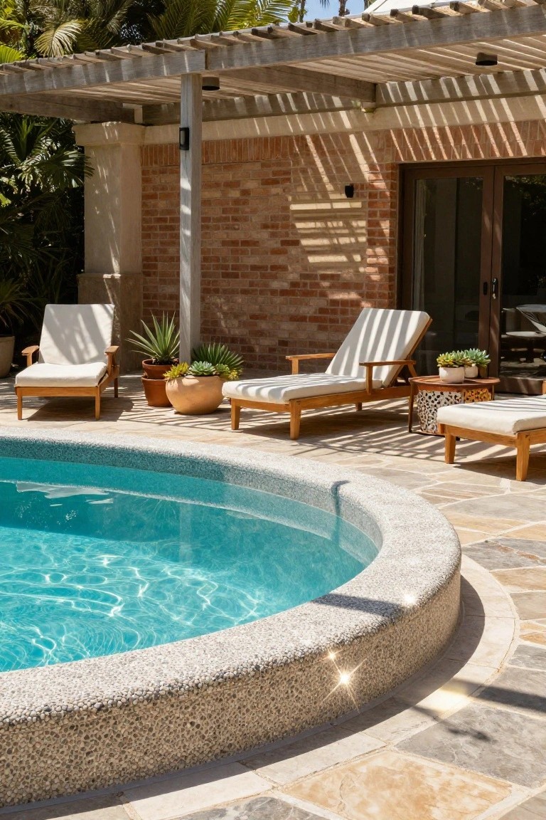 Curved turquoise pool with pebble aggregate edge, teak lounge chairs and ottomans on stone patio, potted agaves and succulents, under wooden pergola next to brick wall and glass doors.