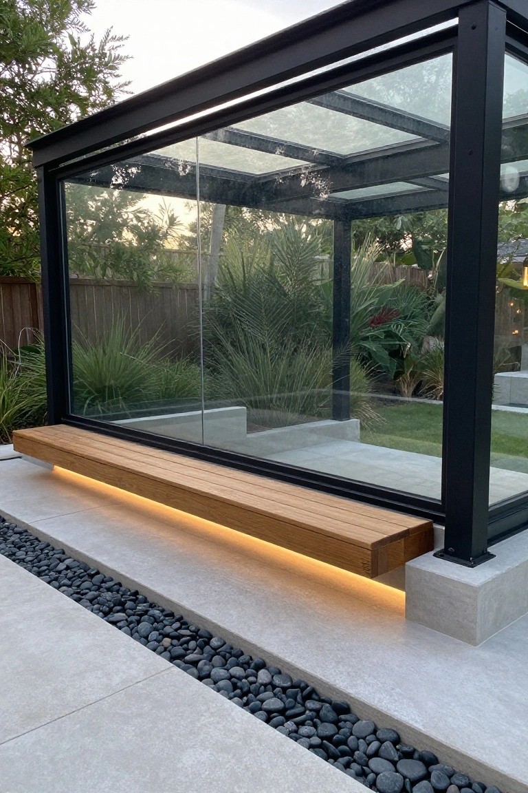 A rectangular glass pavilion with black metal framing and a cantilevered wooden bench featuring underlit LED strips, positioned on concrete pavers amid pebble borders, grasses, palms, and other plants in a backyard setting.