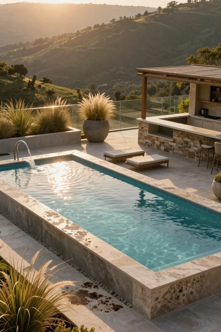 Rectangular infinity-edge swimming pool with stone surround on a terraced patio overlooking green hills at sunset, adjacent outdoor bar with stools, lounge chairs, pampas grass, and potted plants.