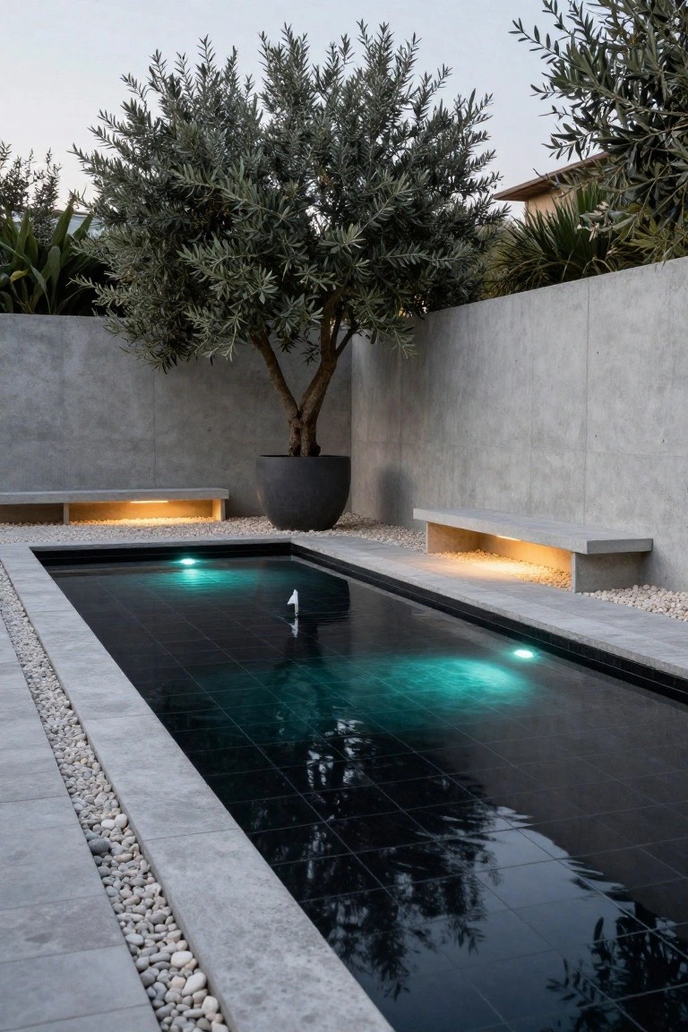 Narrow black-tiled plunge pool with teal underwater lights in a concrete courtyard surrounded by white pebbles, built-in gray benches, and an olive tree against tall concrete walls.