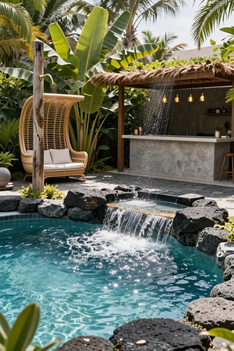 Small turquoise pool edged with black lava rocks and a cascading waterfall, outdoor shower on a wooden post, thatched bar area, rattan hanging chair, and surrounding tropical greenery.
