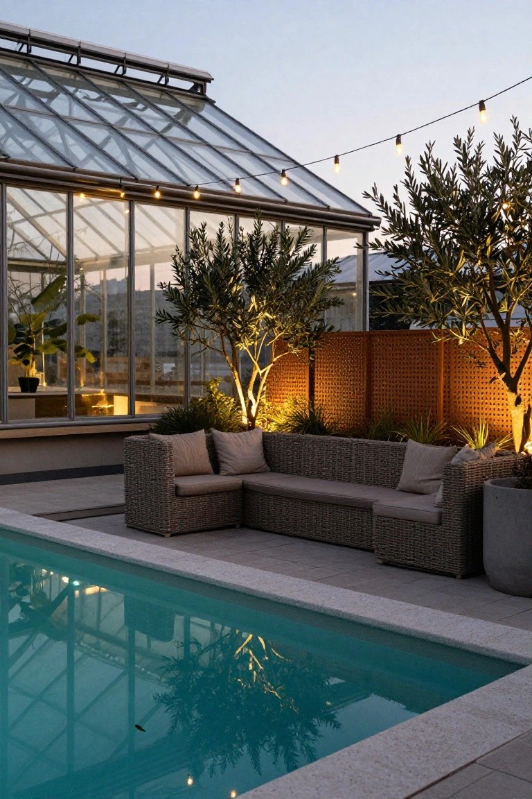 Outdoor pool at dusk with L-shaped beige wicker sofa positioned along the edge, uplit olive trees, wooden lattice fence, potted plants, glass greenhouse structure, and string lights overhead.