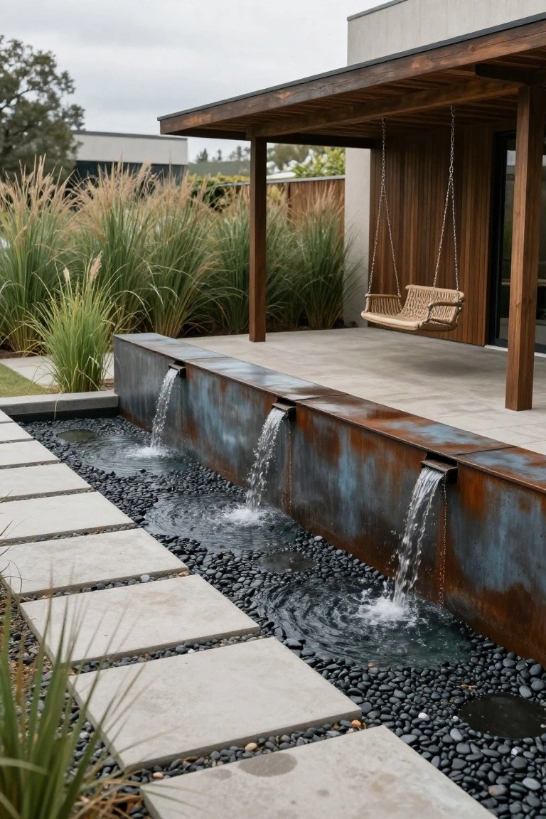 Modern patio with three corten steel waterfalls cascading into a black pebble-lined channel beside concrete pavers, surrounded by tall grasses and a wooden porch with hanging swing.