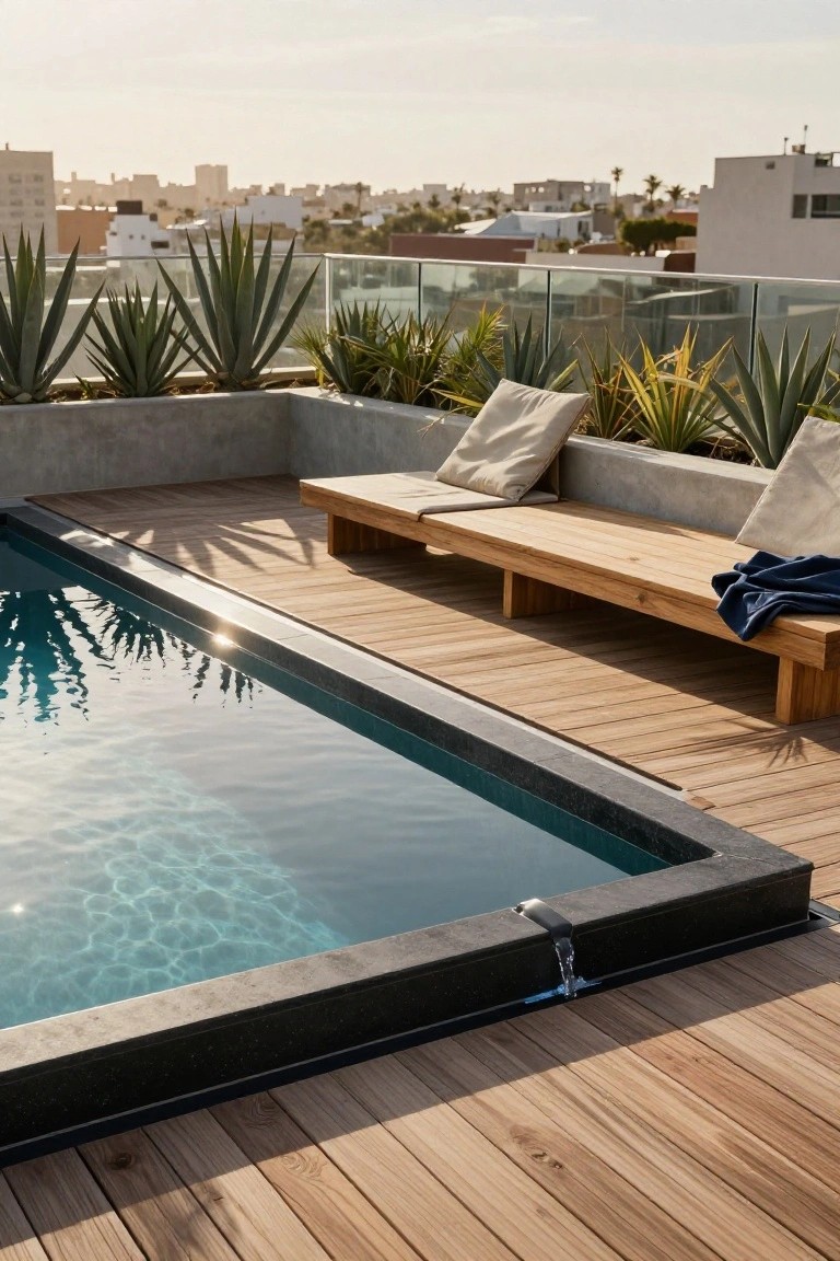 Rooftop infinity-edge pool with black stone edging and surrounding teak wood deck, wooden bench with white cushions and blue towel, agave plants in concrete planters, and glass railing with cityscape view.