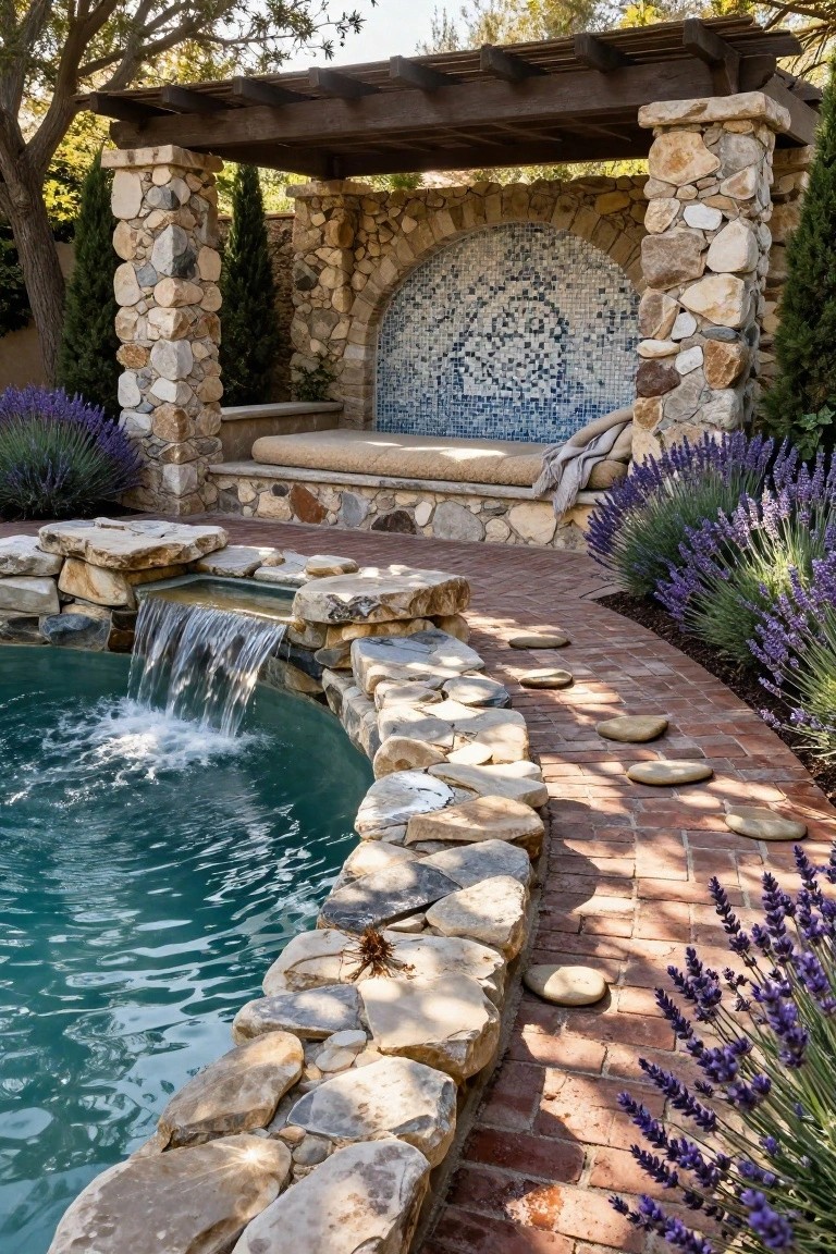 Turquoise pool with stacked natural stone waterfall cascading from rock ledge into the water, bordered by stone edging and brick path with flat stepping stones, lavender plants, and pergola-covered bench area in background.