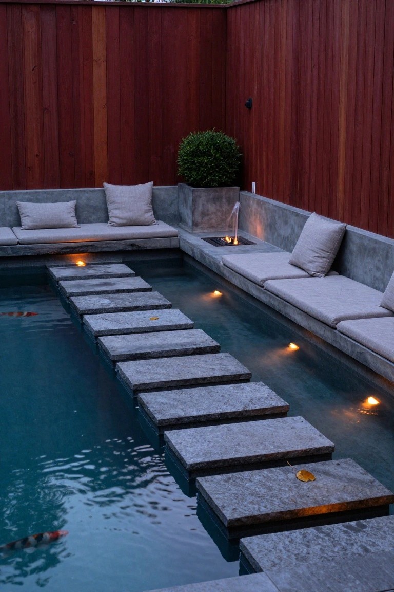 Narrow rectangular pool with gray stone stepping stones spanning its width, built-in concrete benches with beige cushions along the edges, underwater lights, a small fire feature, koi fish in the water, and red wooden fence walls.