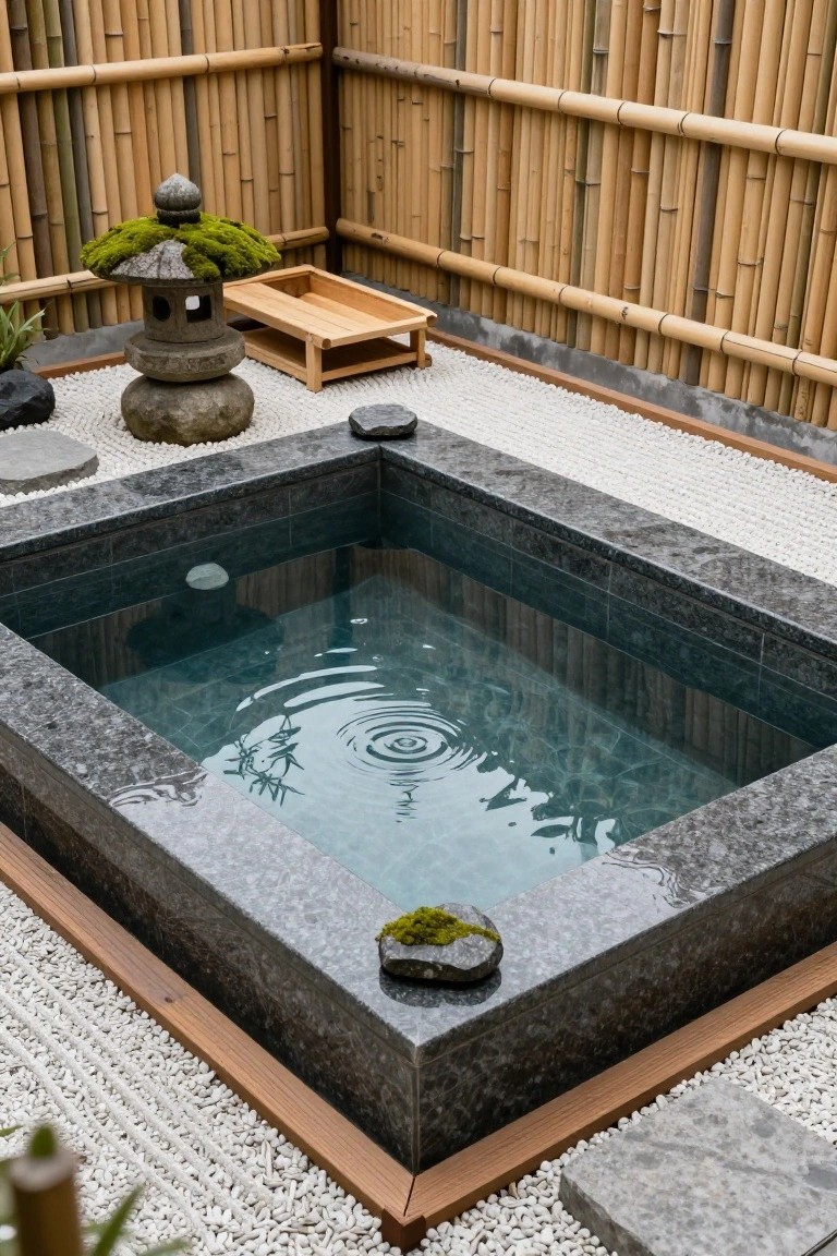 Rectangular pool with dark granite lining and edges filled with clear blue-green water, surrounded by white pebble gravel, black rocks, moss-covered stone lantern, bamboo fence, and stone stepping pads in an outdoor Japanese-style garden.