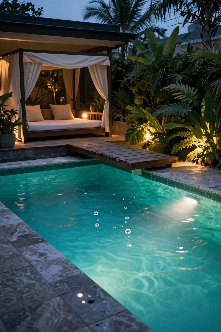 A turquoise pool at dusk with a wooden bridge walkway extending over the water to a elevated canopy bed draped in white fabric, surrounded by tropical plants and soft lighting.
