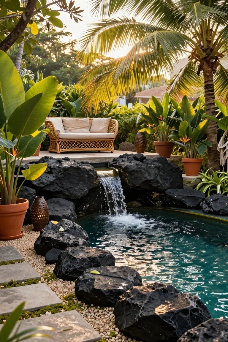 Small turquoise pool edged and surrounded by large irregular black boulders with a cascading waterfall, tropical plants including bird of paradise, and a woven outdoor sofa on a stone platform nearby.