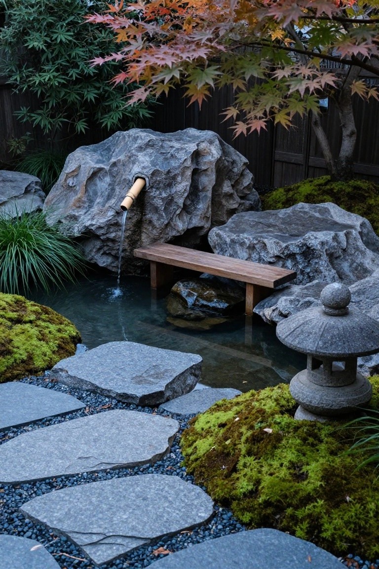 Japanese garden with a small rectangular pond surrounded by large gray boulders, a bamboo fountain spout pouring water into it, a wooden bench over the edge, stone stepping stones, moss patches, a stone lantern, and a red Japanese maple tree in the background.