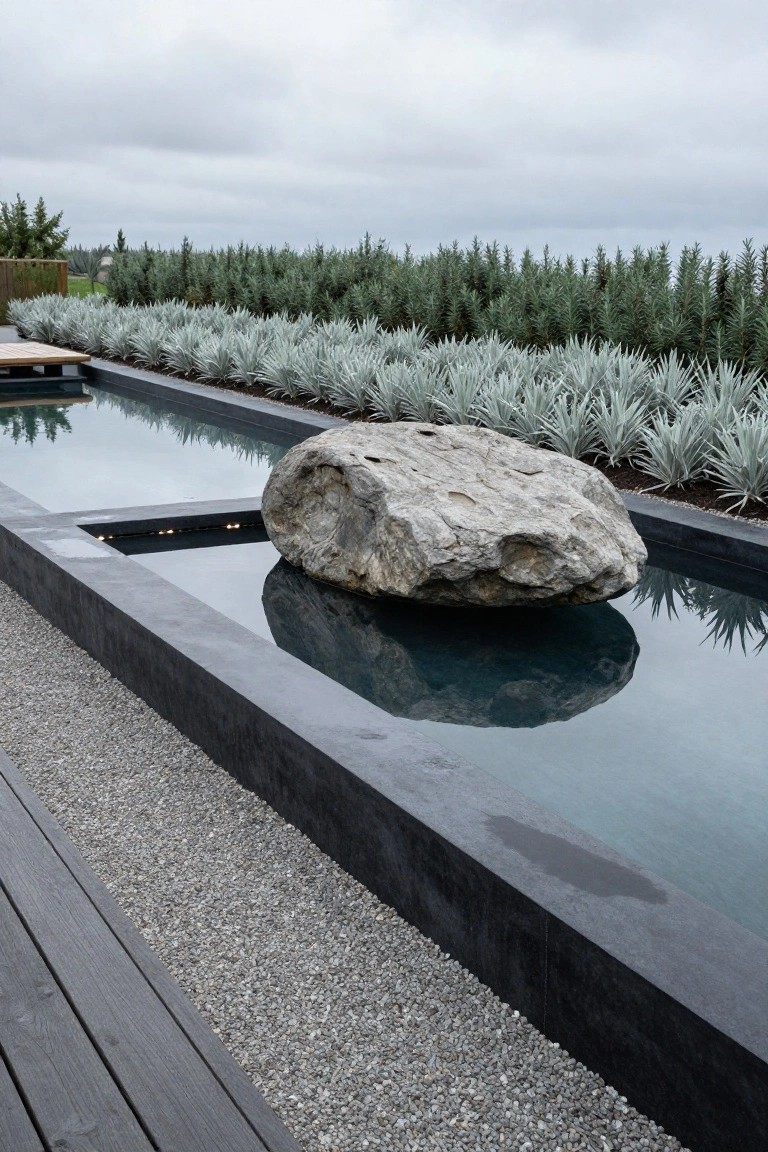 A large irregular gray boulder protrudes from a narrow black-lined reflecting pool with water reflection below, edged by silver agave plants, gravel ground cover, wood decking, and distant green trees under cloudy sky.