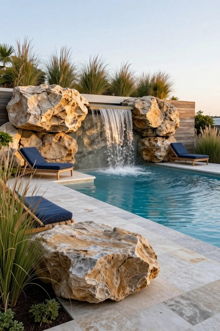 Swimming pool with waterfall flowing from stacked large light-colored boulders at one end, flanked by ornamental grasses, wooden lounge chairs with blue cushions on a light stone tile deck, and wooden retaining walls at dusk.