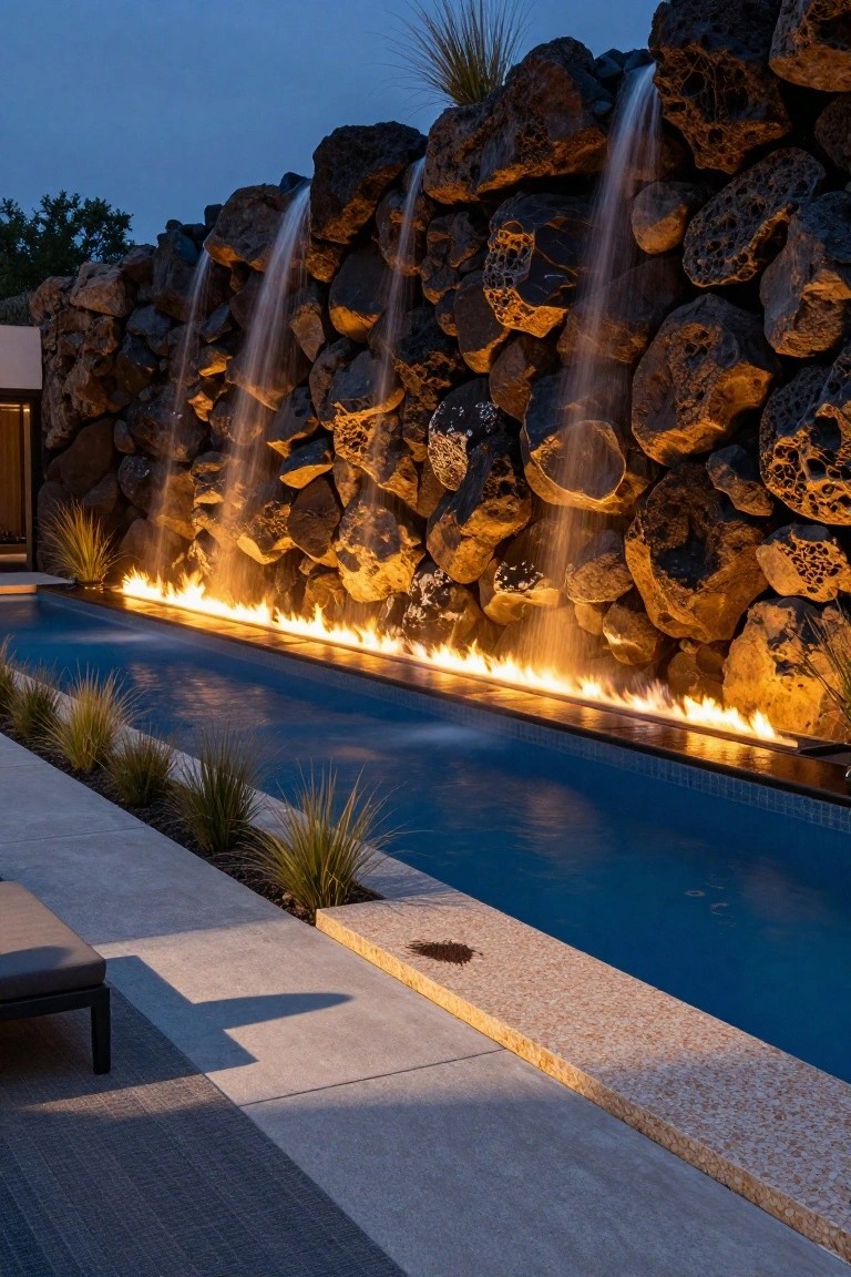 A rectangular blue pool at twilight with flames burning along one long edge, backed by a tall irregular wall of dark porous boulders featuring multiple thin waterfalls cascading down, ornamental grasses nearby, and a lounge chair on a concrete deck.