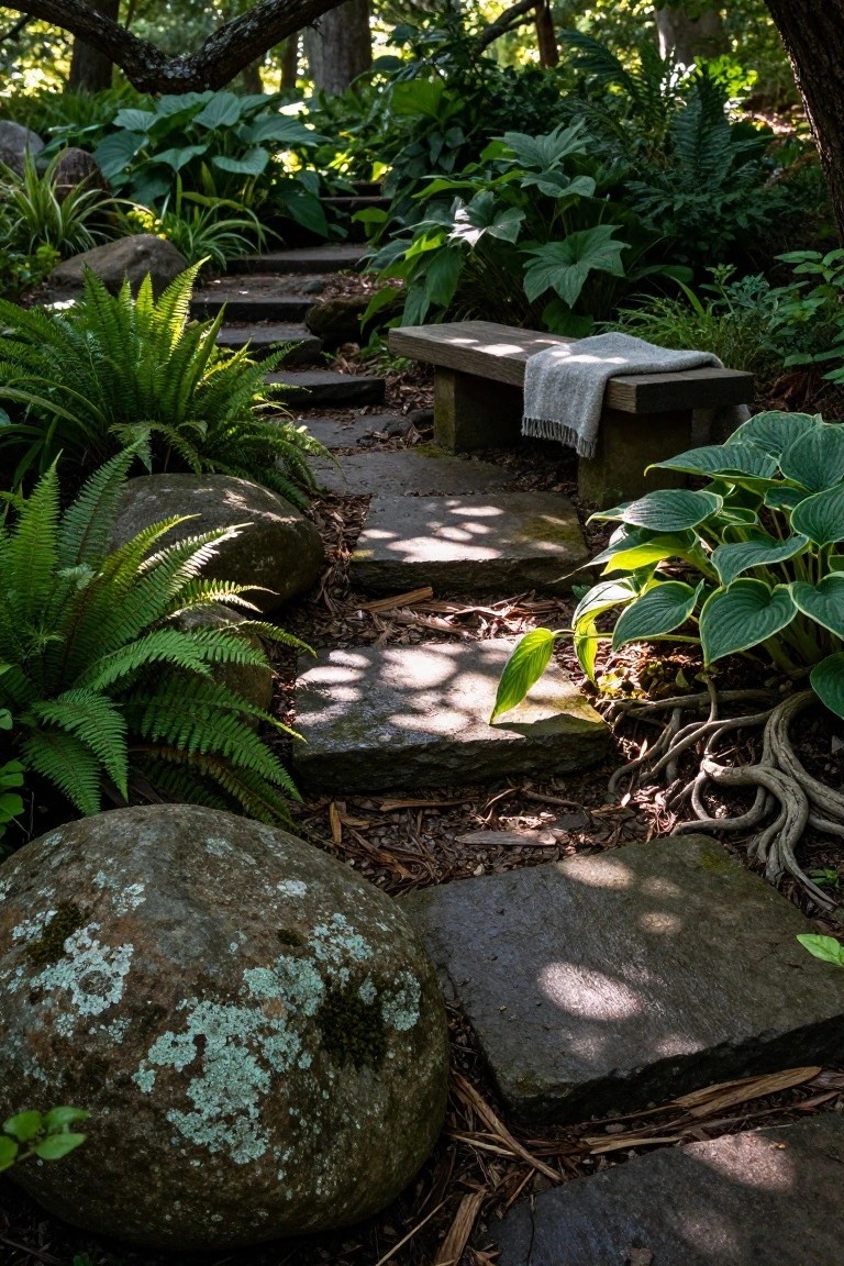Shaded garden path of irregular stone steps winding between large mossy boulders, green ferns, hostas, and a wooden bench with a blanket.