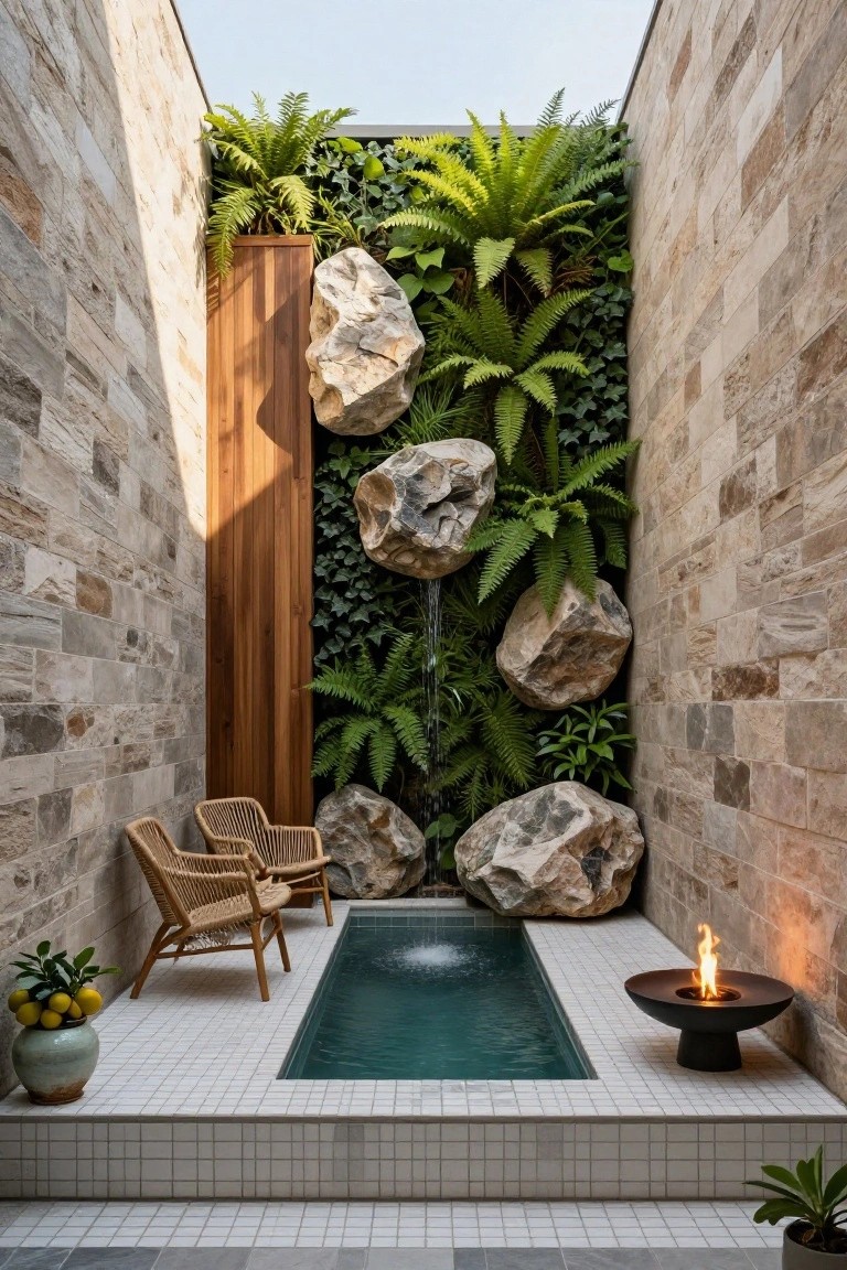 Small rectangular turquoise plunge pool in a narrow stone-walled courtyard, surrounded by large rugged boulders, lush vertical green wall with ferns, two rattan armchairs, potted lemon tree and plant, and black fire bowl on white tiled deck.