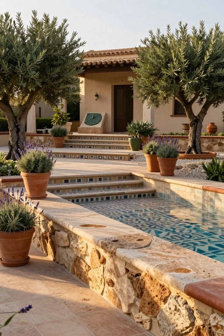 Pool with blue geometric tile pattern edged by rugged stone boulders and low walls, flanked by terracotta pots of lavender and steps leading to a beige stucco house under olive trees.
