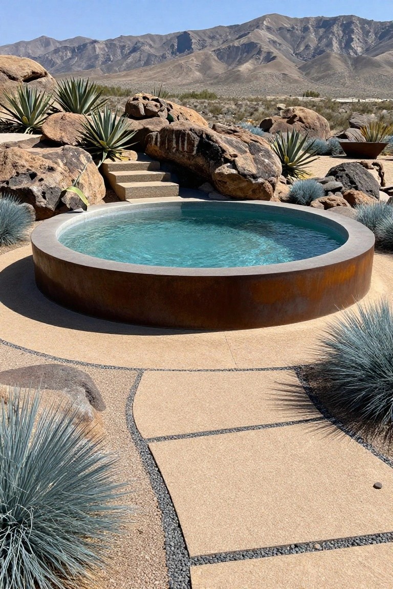 Circular turquoise pool with corten steel rim surrounded by large boulders, agave plants, stone steps, curved gravel path, and desert mountains in the background.