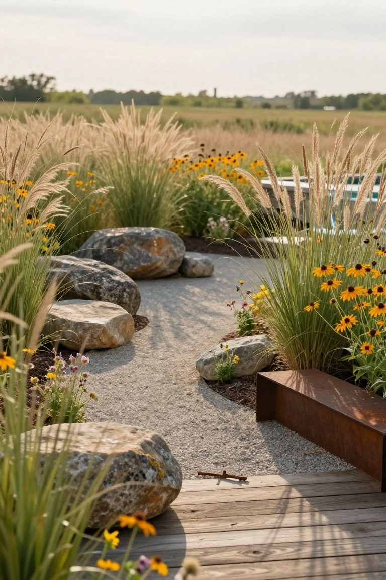 Gravel path winding through large mossy boulders surrounded by tall ornamental grasses and clusters of yellow black-eyed Susan flowers, leading to a wooden deck with a rusted metal bench, with fields in the background.