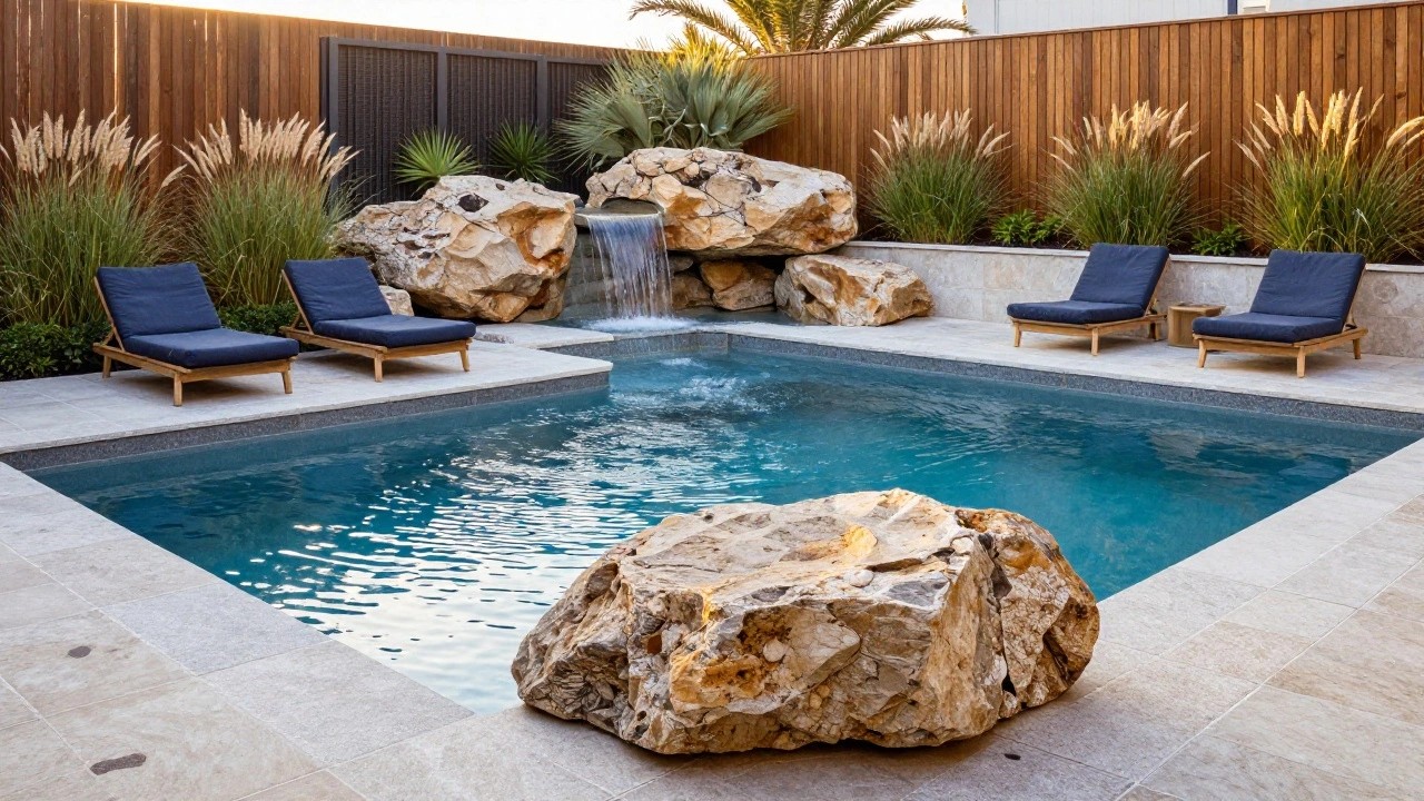 Swimming pool with waterfall flowing from stacked large light-colored boulders at one end, flanked by ornamental grasses, wooden lounge chairs with blue cushions on a light stone tile deck, and wooden retaining walls at dusk.